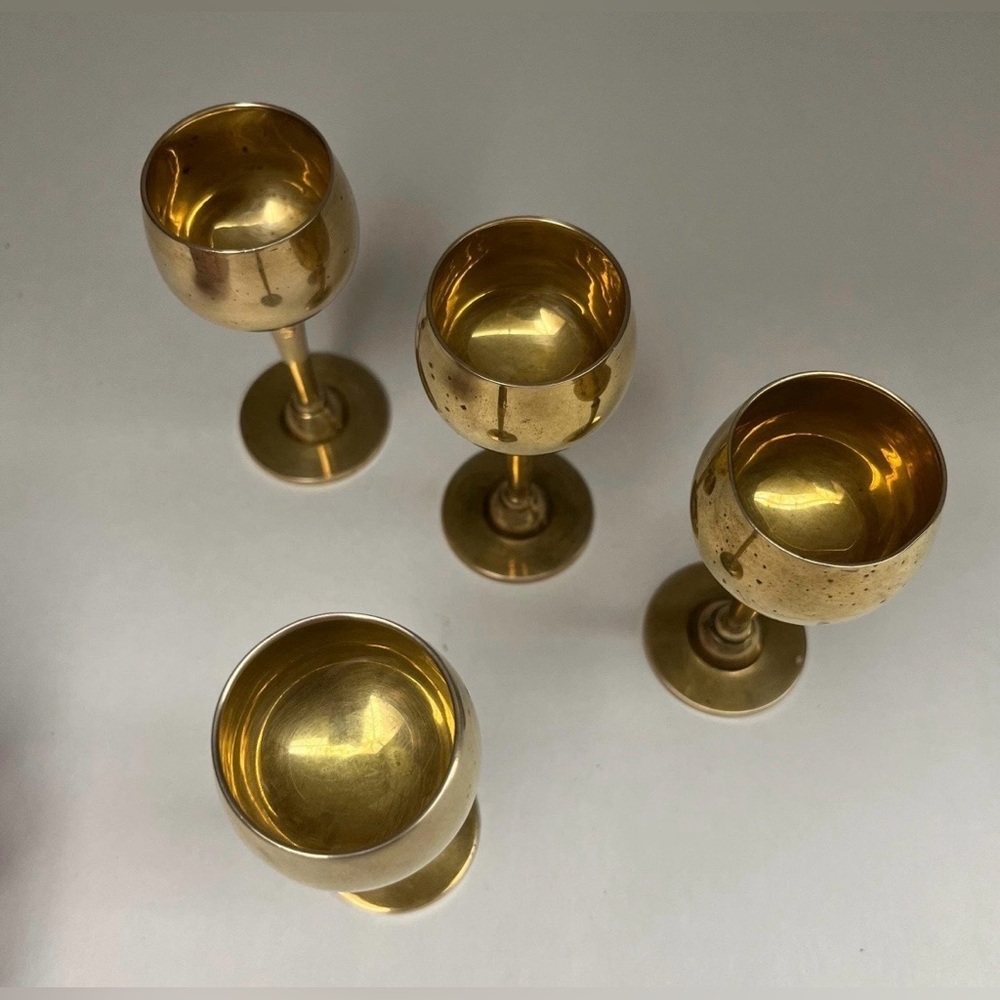 Vintage Solid Brass Wine Goblet Set of 4, Retro Barware - Picture 6 of 7